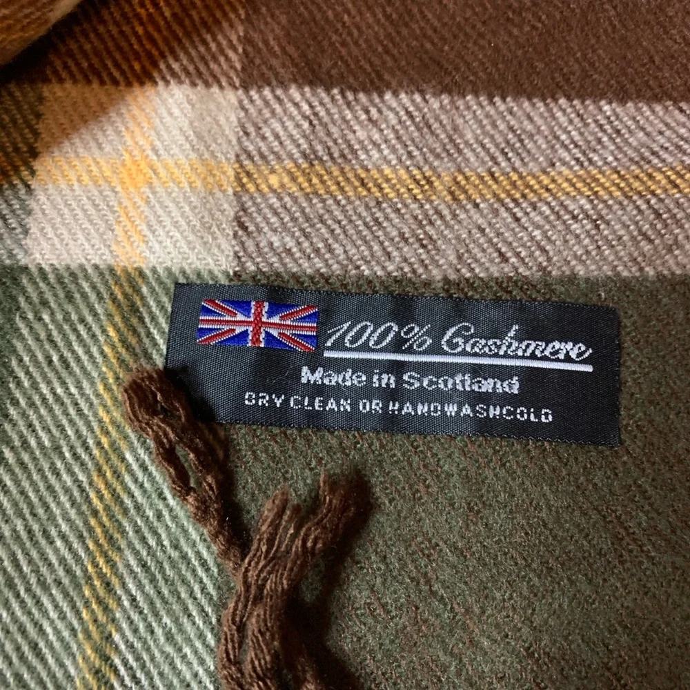 66 x 12 100% Cashmere Plaid Fringe Scarf in Green and Brown